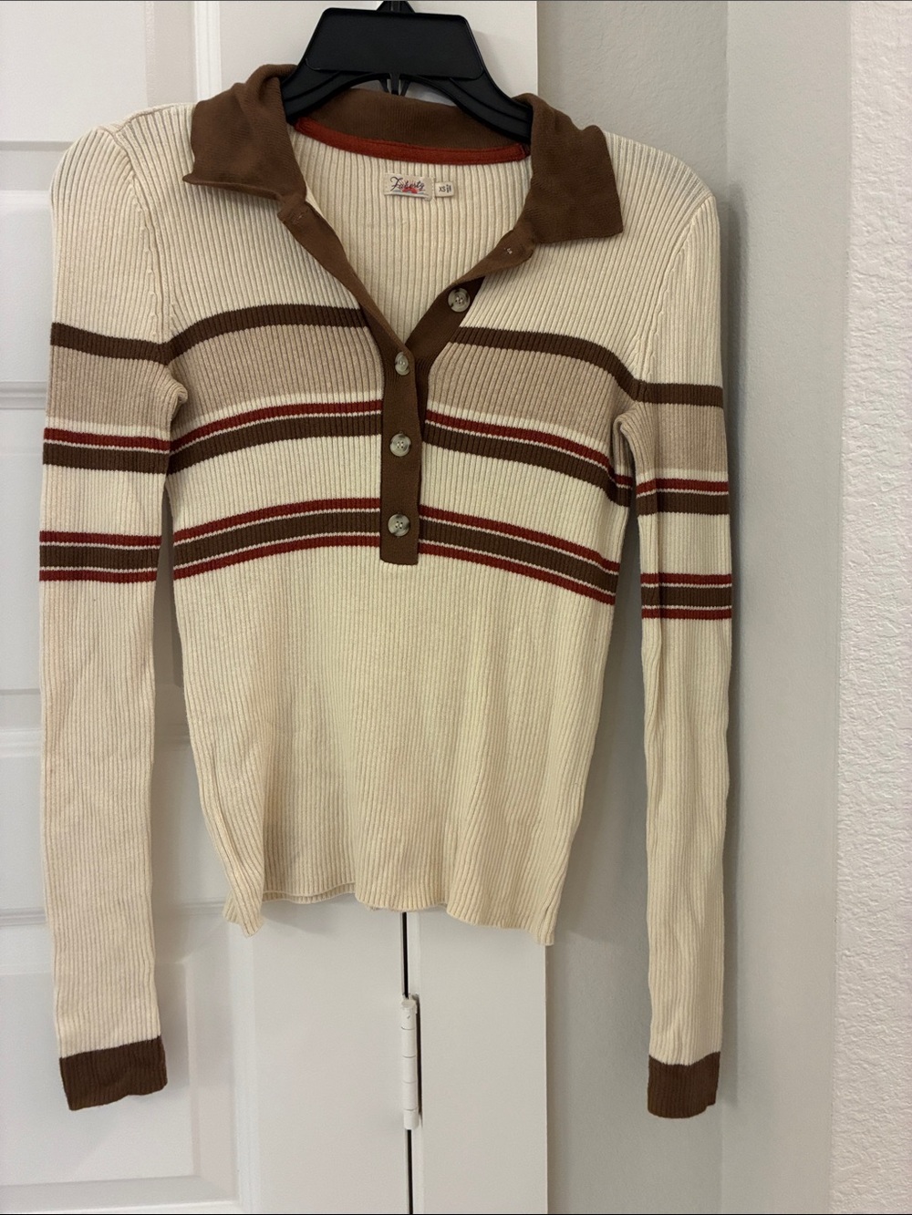 Faherty Cream Ribbed Polo Sweater with Brown & Rust Stripes